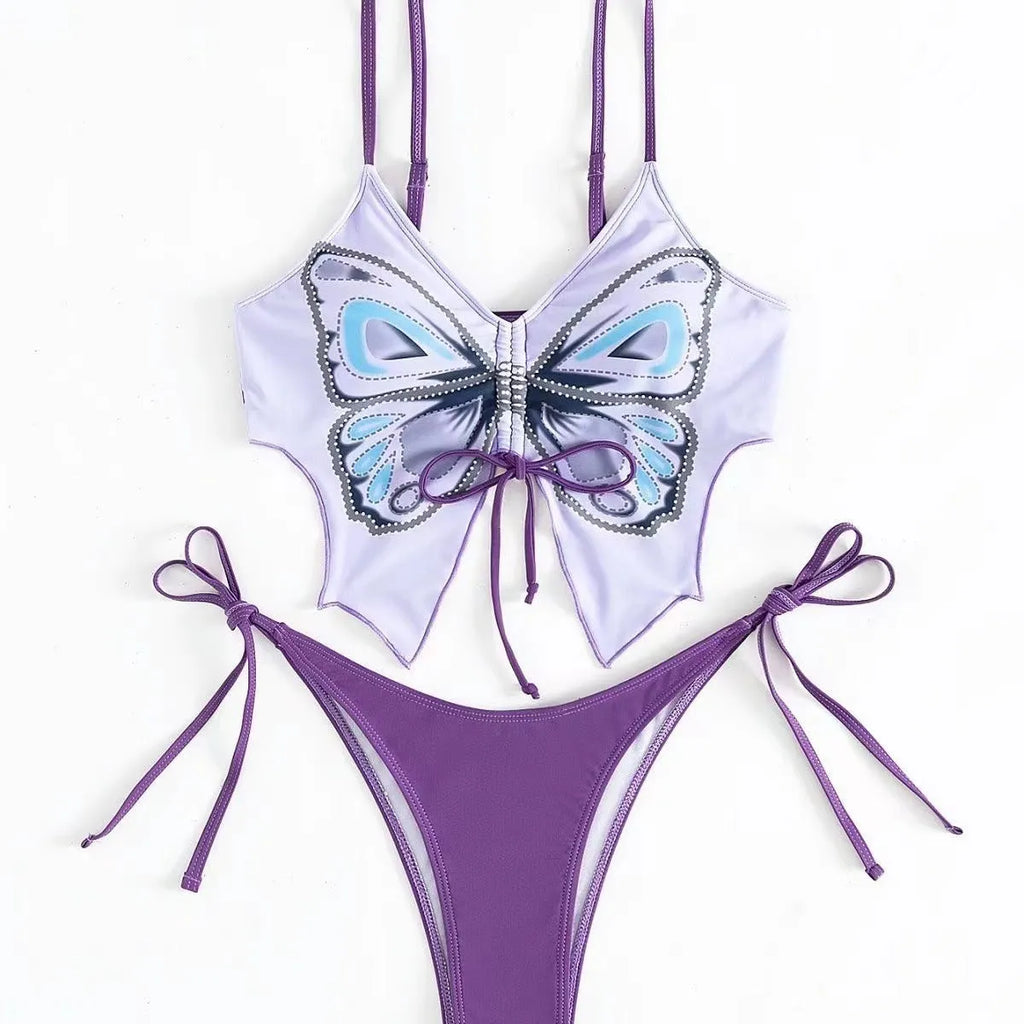 Women's purple bikini swimsuit with bow decoration on the top and split high-waisted briefs.