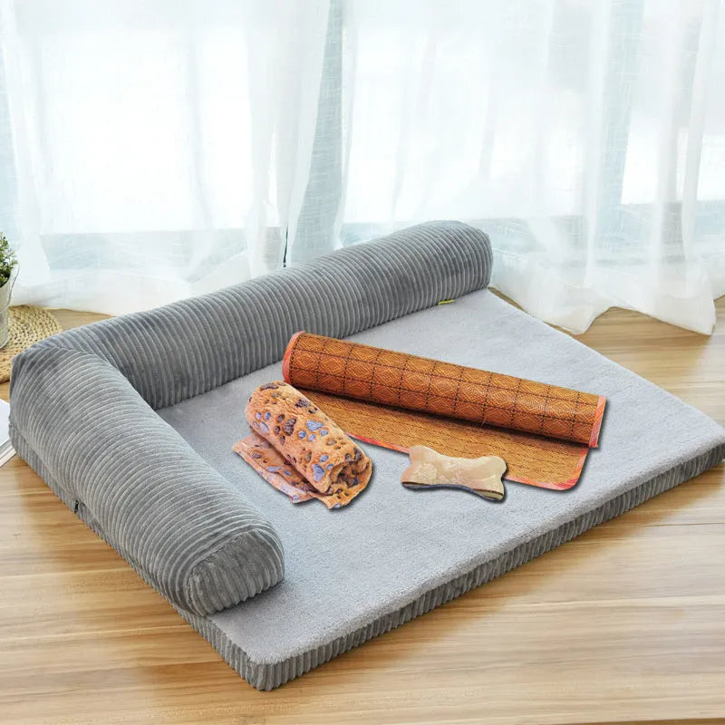 Corduroy fabric dog bed with non-slip base in grey colour, shown in a large size.