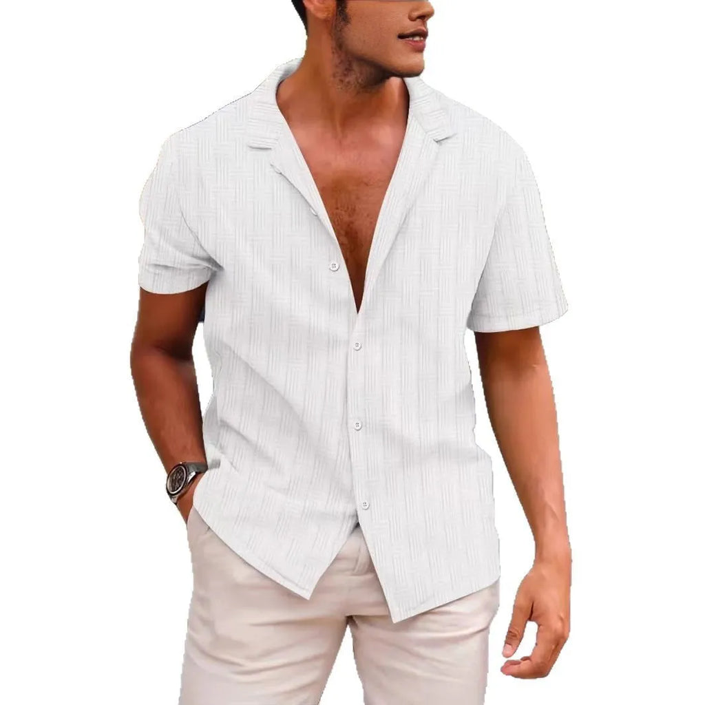 British style short sleeve corduroy shirt in apricot colour, showing button-up cardigan front and regular fit.