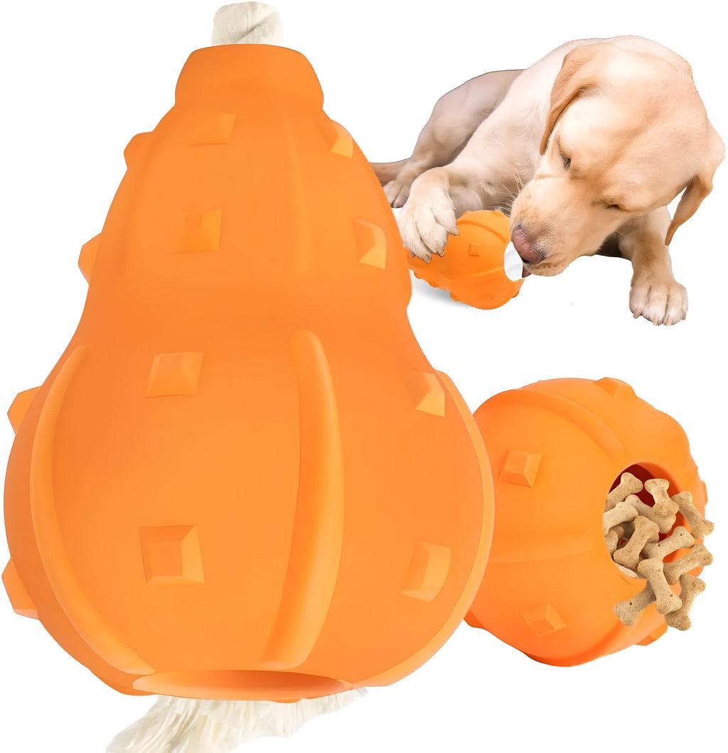 Natural rubber stuffable dog chew toy with longer strap for interactive play and treat dispensing