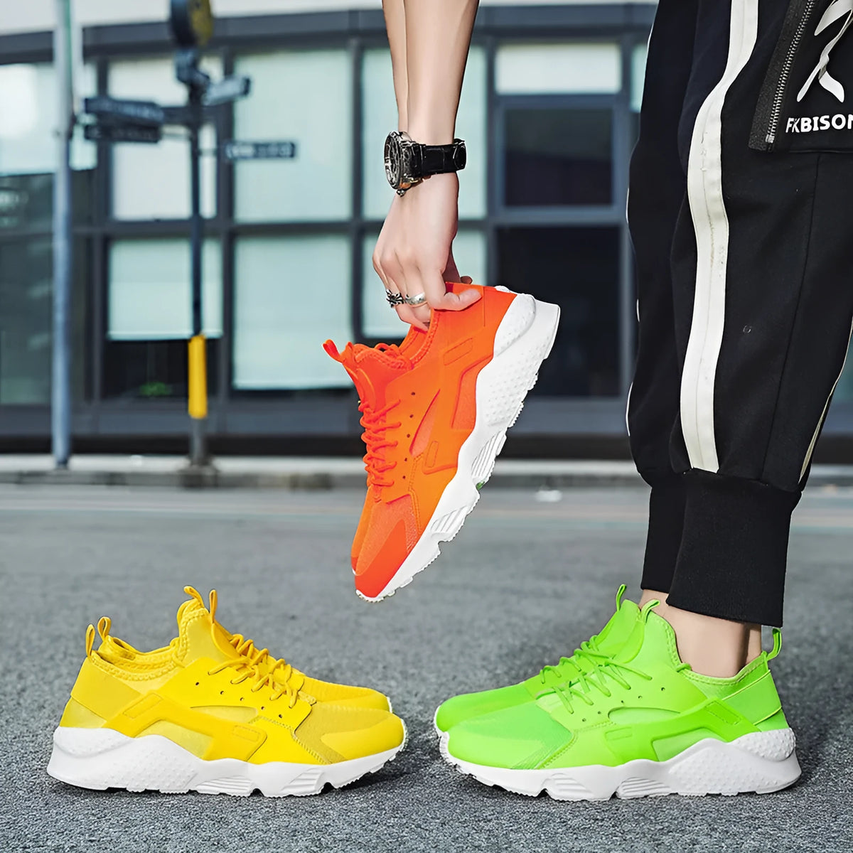 Men's mesh low top casual shoes in fluorescent red with lace-up closure and cross shoulder straps
