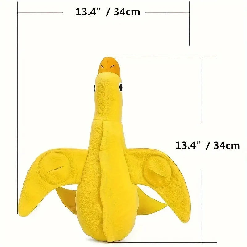 Yellow plush duck dog toy with squeaker and food leak compartment for treats.