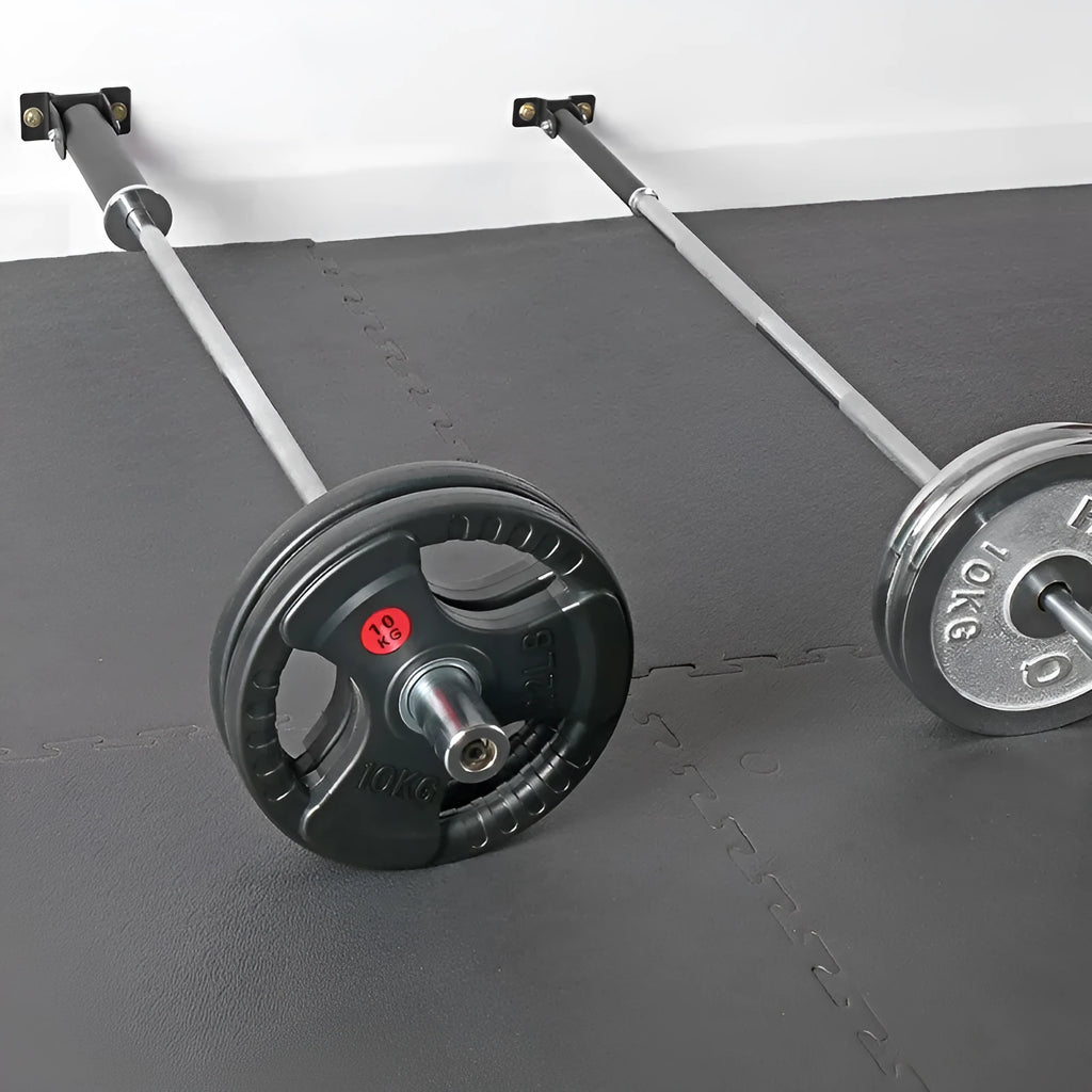Steel pipe wall rack holding multiple barbell rods, with two inner diameter size options shown.