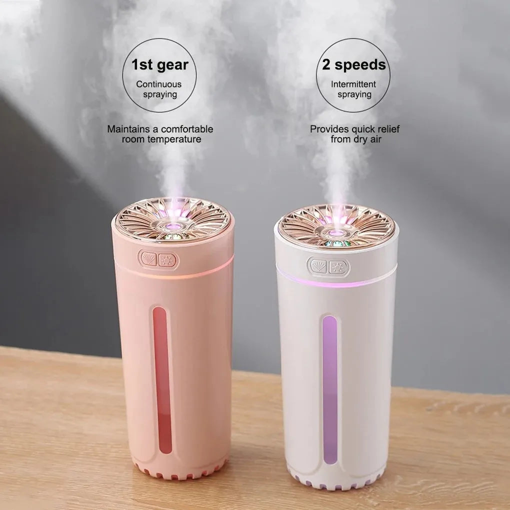 Black wireless USB humidifier with colourful lights on a car dashboard cup holder