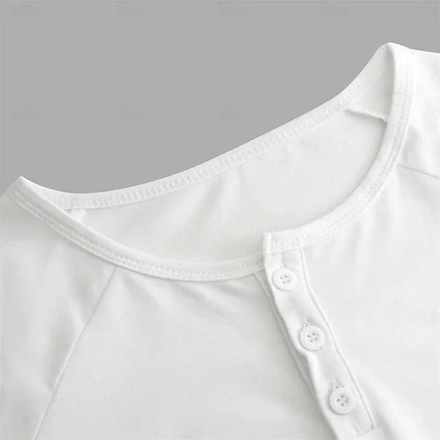 Men's long sleeve henry collar t-shirt in white, black, and navy blue on a size chart
