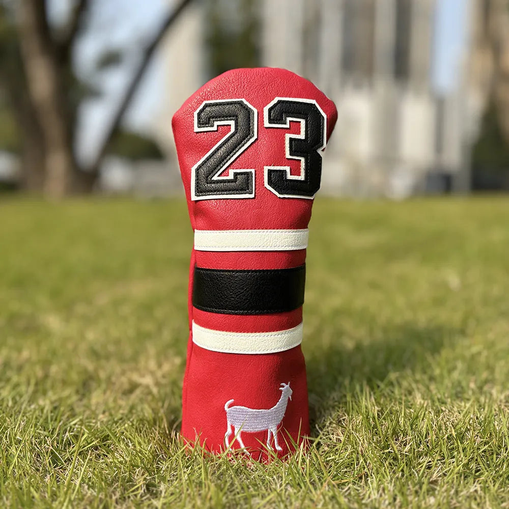 Set of PU golf club head covers in red, black, white, and yellow colours.