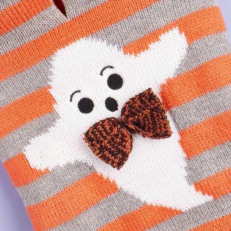 Orange striped knitted pet sweater with hood and fur ball trim for small dogs and cats