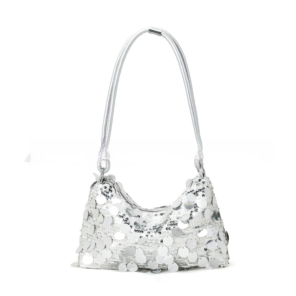 Soft polyester women's underarm crossbody shoulder bag in black, gold, or silver.