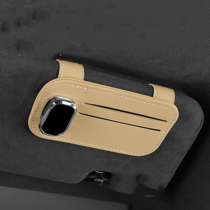 Cowhide leather car sunglasses holder with card slots, shown in colour options, attached to a vehicle sun louver.