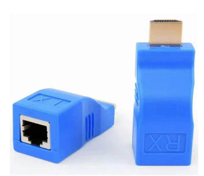 HDMI extender transmitter and receiver pair for long distance 1080p signal transmission over Cat-6 cable.