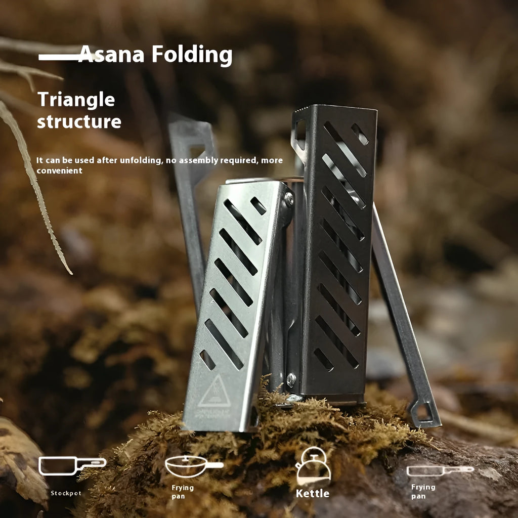 Black and silver foldable hexagon alloy alcohol stove for camping.