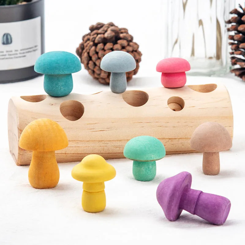 Wooden mushroom picking game puzzle toy in wood colour for toddlers over 12 months, box size 26 x 13 x 6 cm
