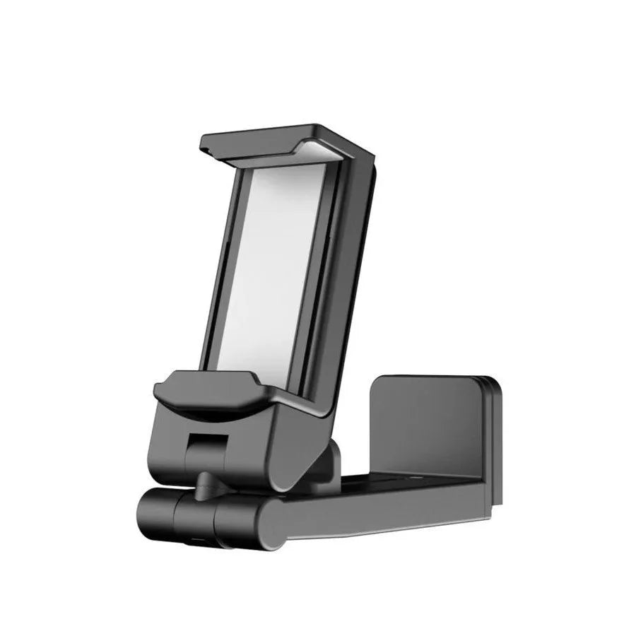 Black foldable rotating phone holder showing adjustable angles on a desk