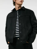 Men's black hooded jacket with suede collar showing loose sleeves and straight hem
