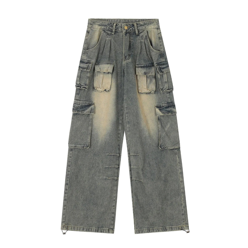 Loose multi-pocket distressed jeans with straight-leg cut and tooling style pockets