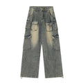 Loose multi-pocket distressed jeans with straight-leg cut and tooling style pockets