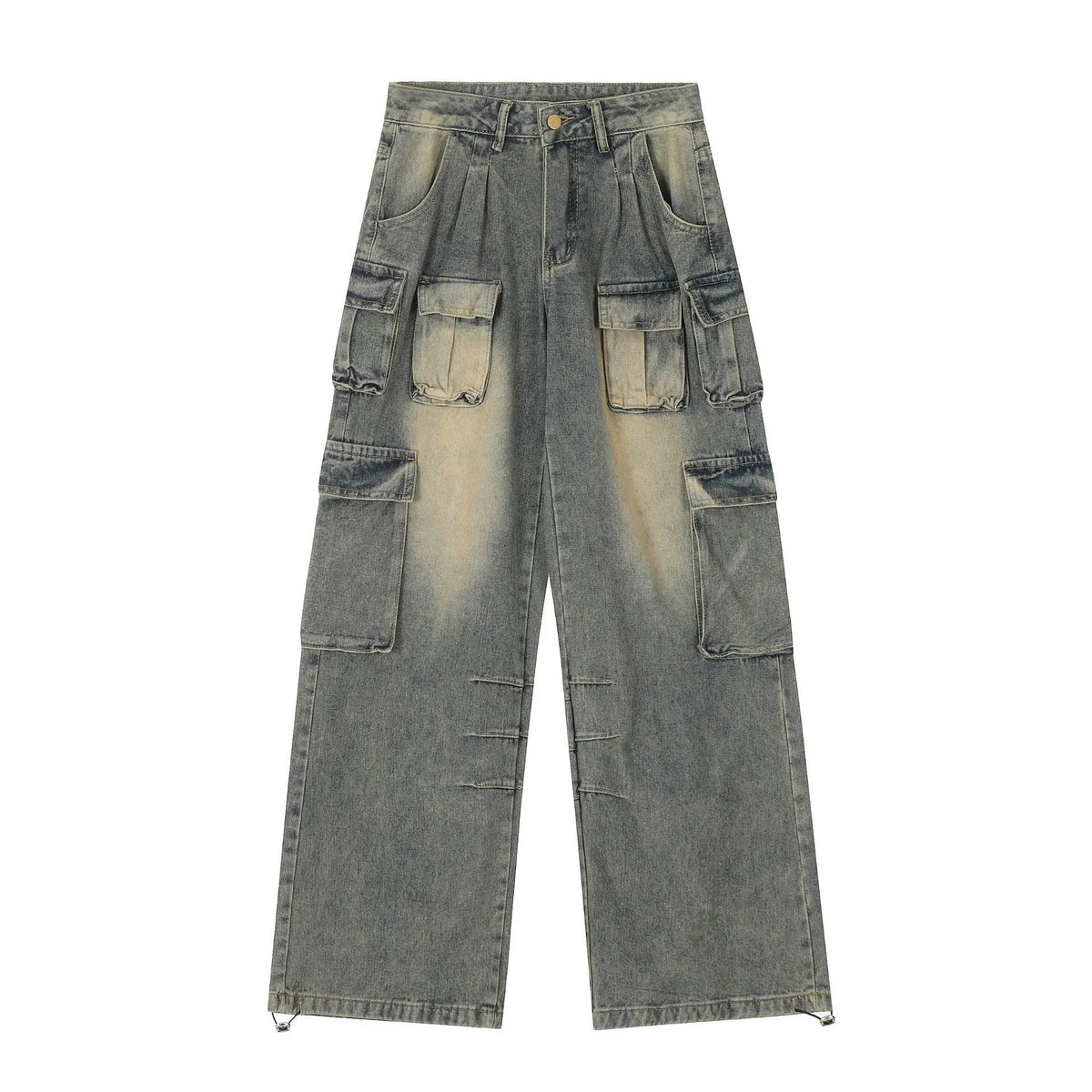 Loose multi-pocket distressed jeans with straight-leg cut and tooling style pockets