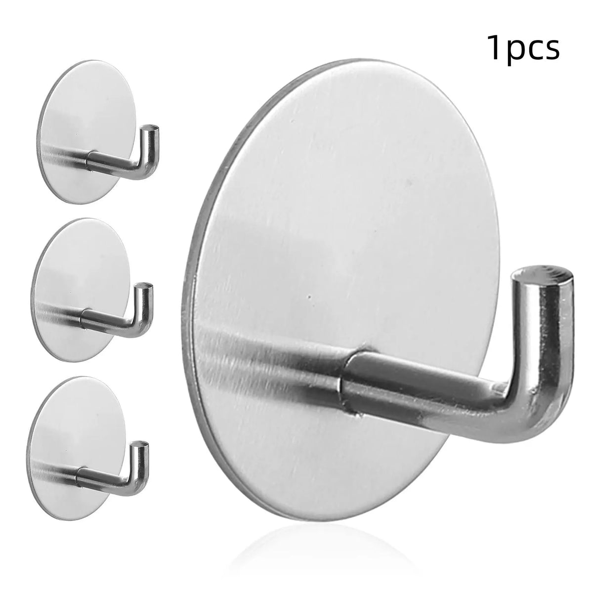 Black and polished stainless steel self-adhesive round hooks for bathroom and kitchen.