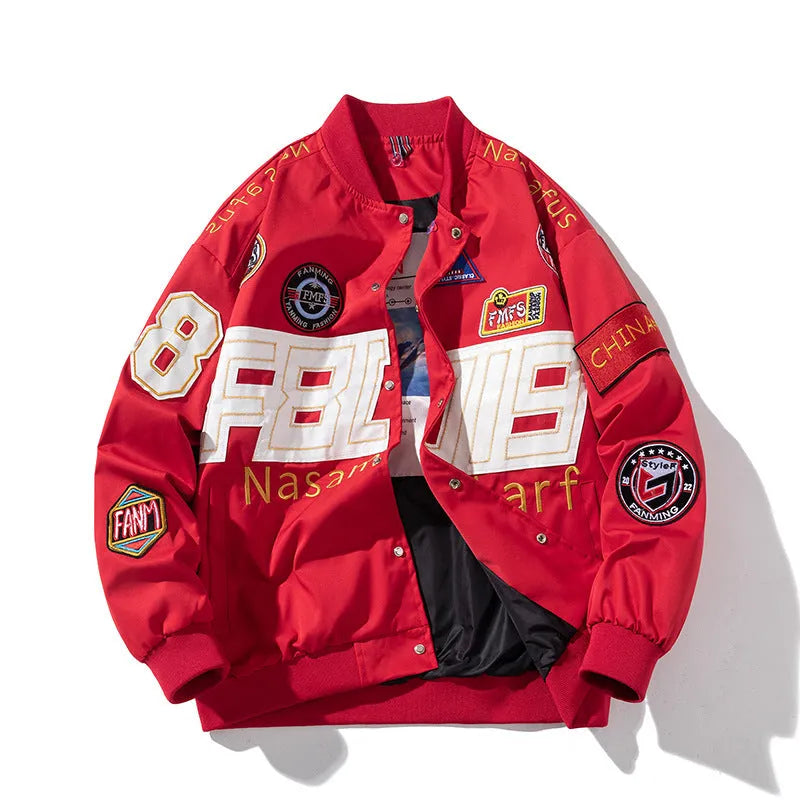 American motorcycle baseball jacket uniform in black, red, or blue with optional hood and cotton padding