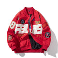 American motorcycle baseball jacket uniform in black, red, or blue with optional hood and cotton padding