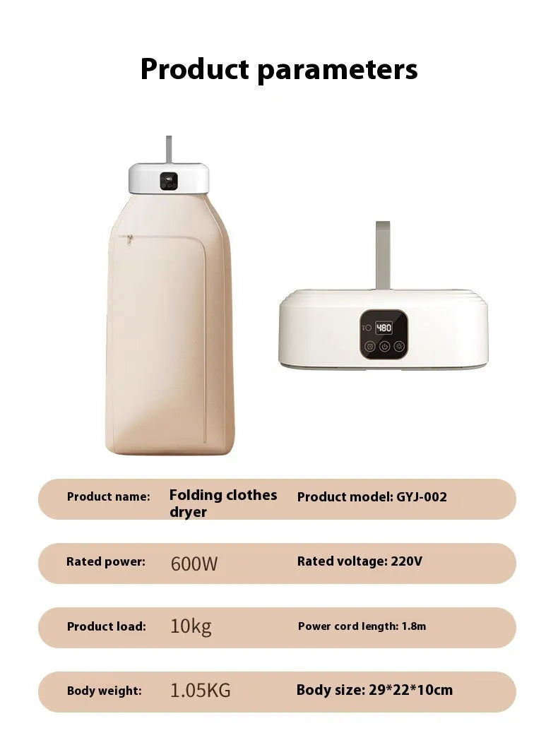 White cylindrical compact electric clothes dryer with remote control on a table.