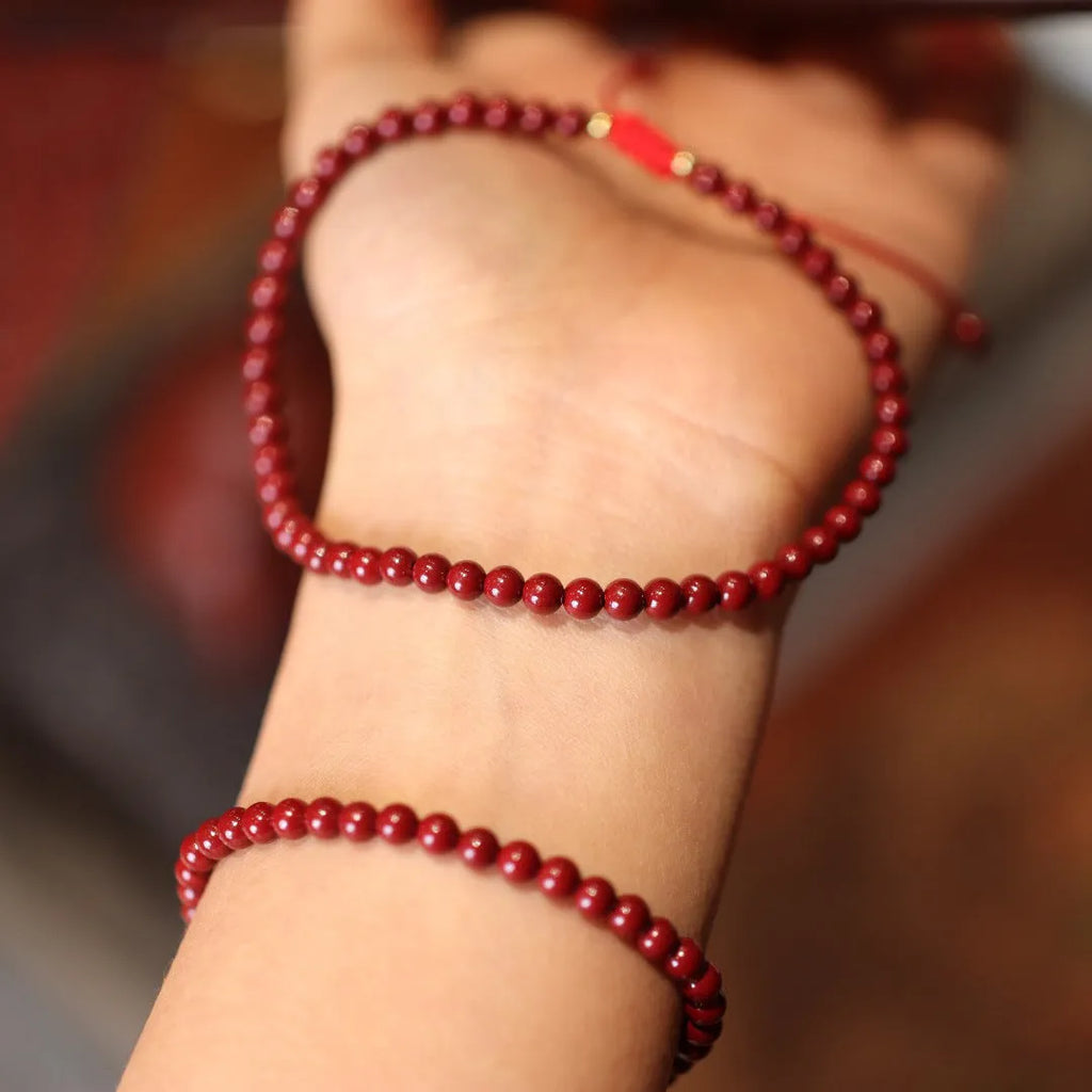 Natural cinnabar bracelet with purple gold sand design and geometric Chinese auspicious patterns