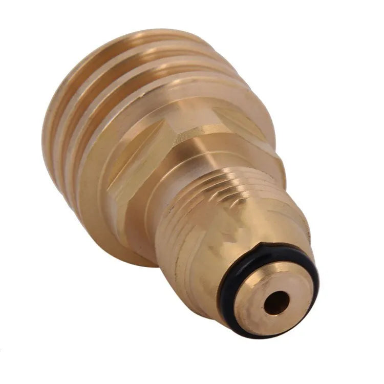 Gold-coloured brass gas adapter with internal thread for 7mm LPG charging connections.