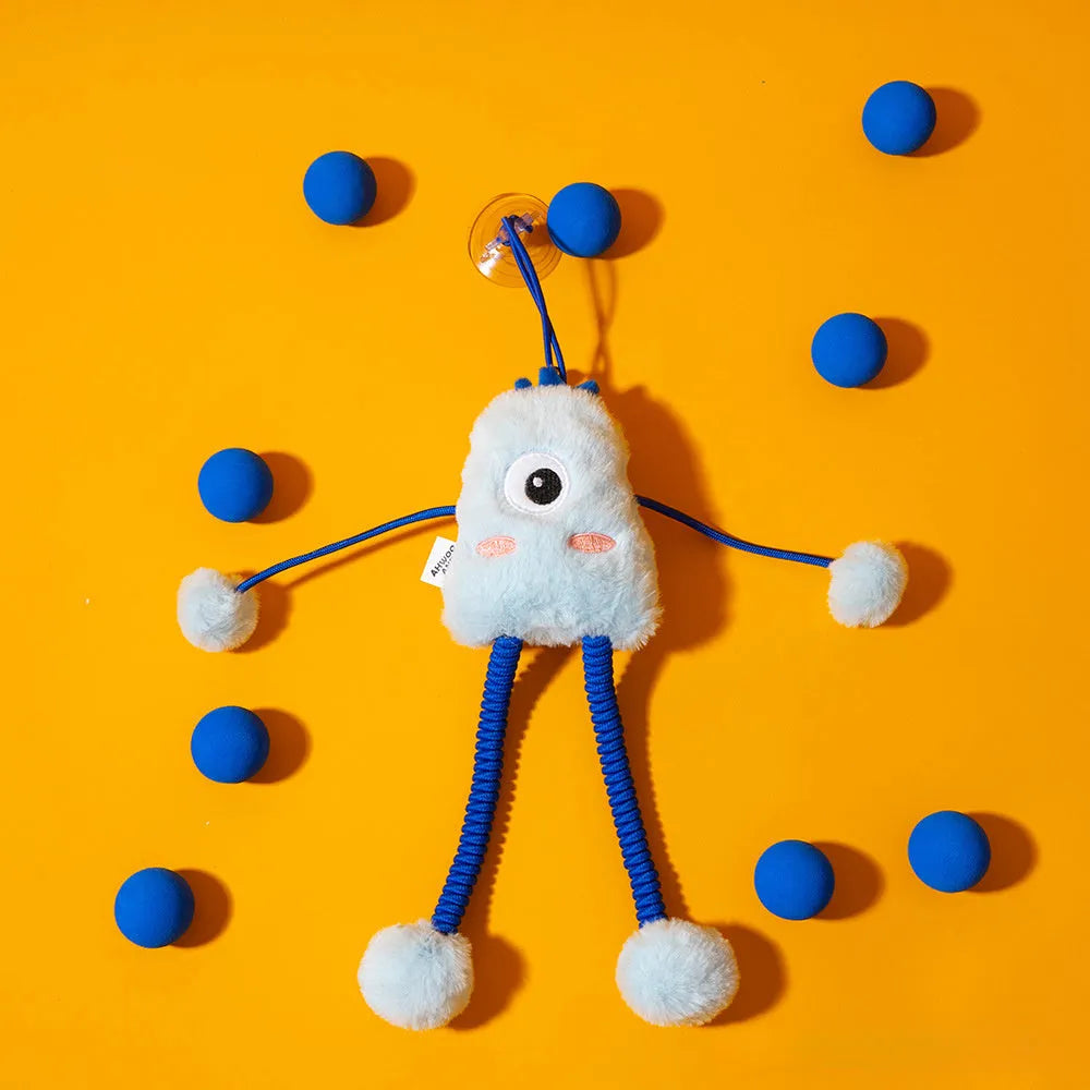 Mint coloured plush ring cat toy on a telescopic elastic rope with a bell inside the ring.