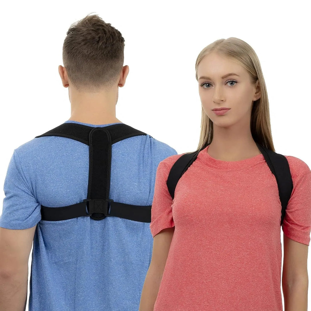 Black adjustable breathable posture correction strap shown on a white background.