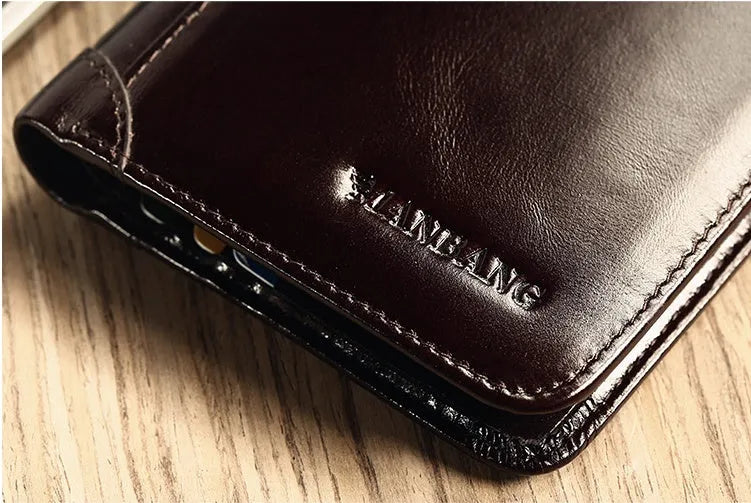 Men's brown leather wallet open to show card slots, ID window, coin pocket, and banknote fold.