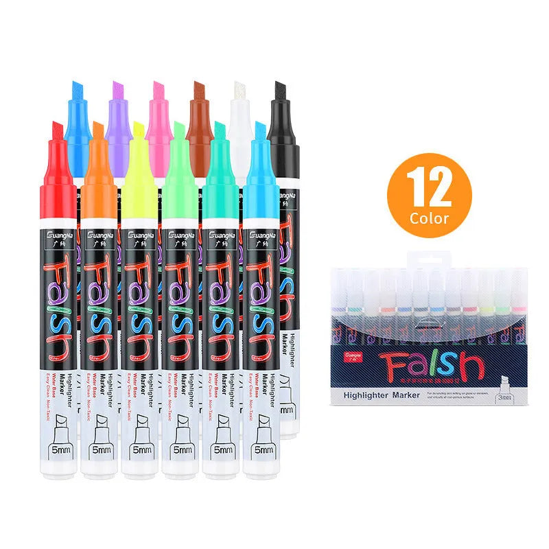 Electronic fluorescent plate highlighter pen with oblique 6mm tip, shown in an 8-colour set on a card.