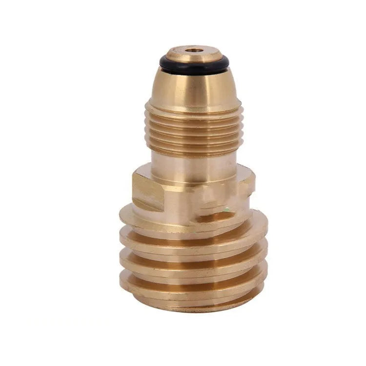 Gold-coloured brass gas adapter with internal thread for 7mm LPG charging connections.