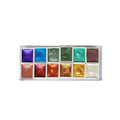 Solid watercolour pigment set showing pearlescent colour blocks measuring 17mm x 20mm x 10mm in boxed packaging