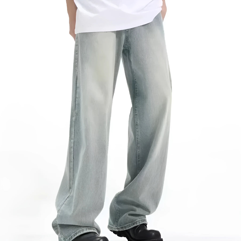 Blue loose-fit retro casual trousers made from rabbit fur fabric, shown on a hanger.