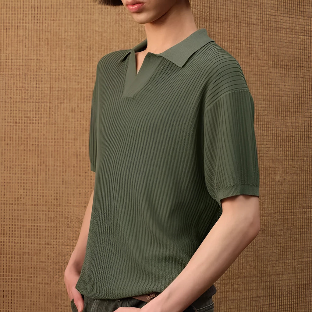 Men's loose-fit ice silk polo shirt with striped collar in grey