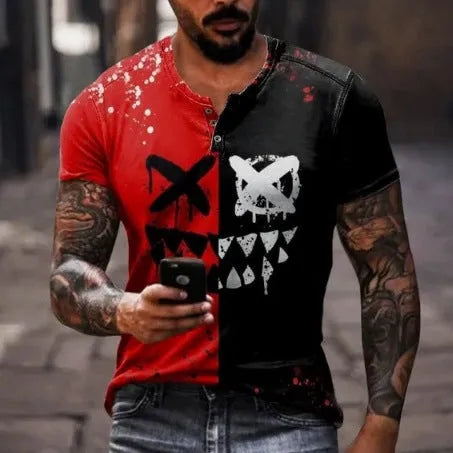 Men's short sleeve sport shirt with 3D printing design and lapel buttons in bird eye polyester fabric