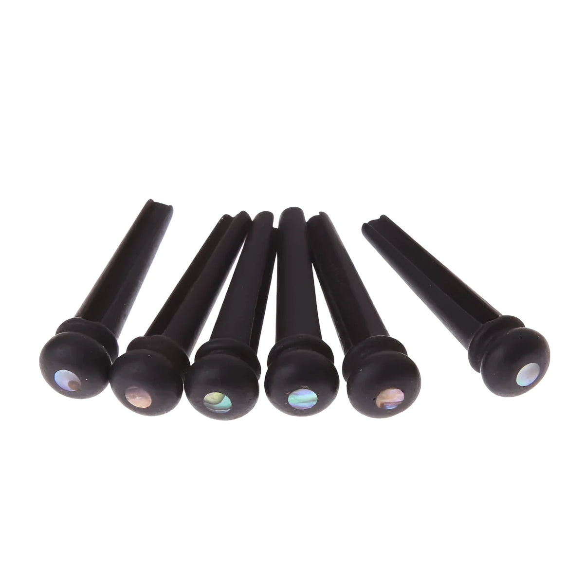 Six matt black ebony guitar string nails with a 5.3mm bayonet diameter for folk acoustic guitars.