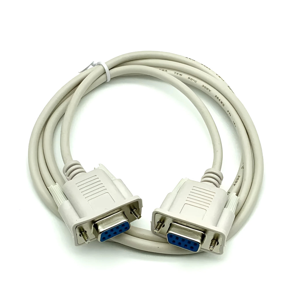 RS232 serial cable with white DB9 female connectors on both ends, length 1.5 metres
