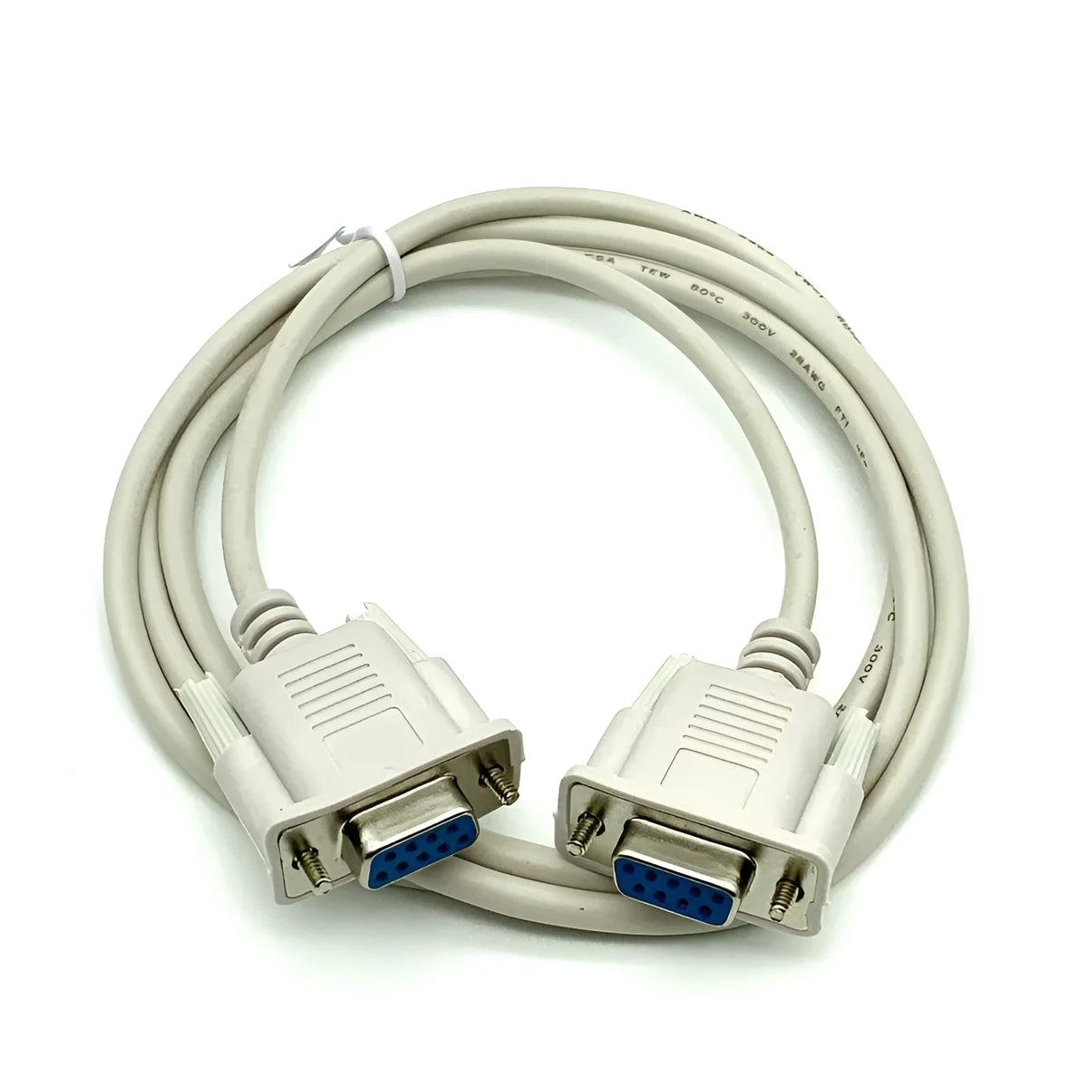 RS232 serial cable with white DB9 female connectors on both ends, length 1.5 metres