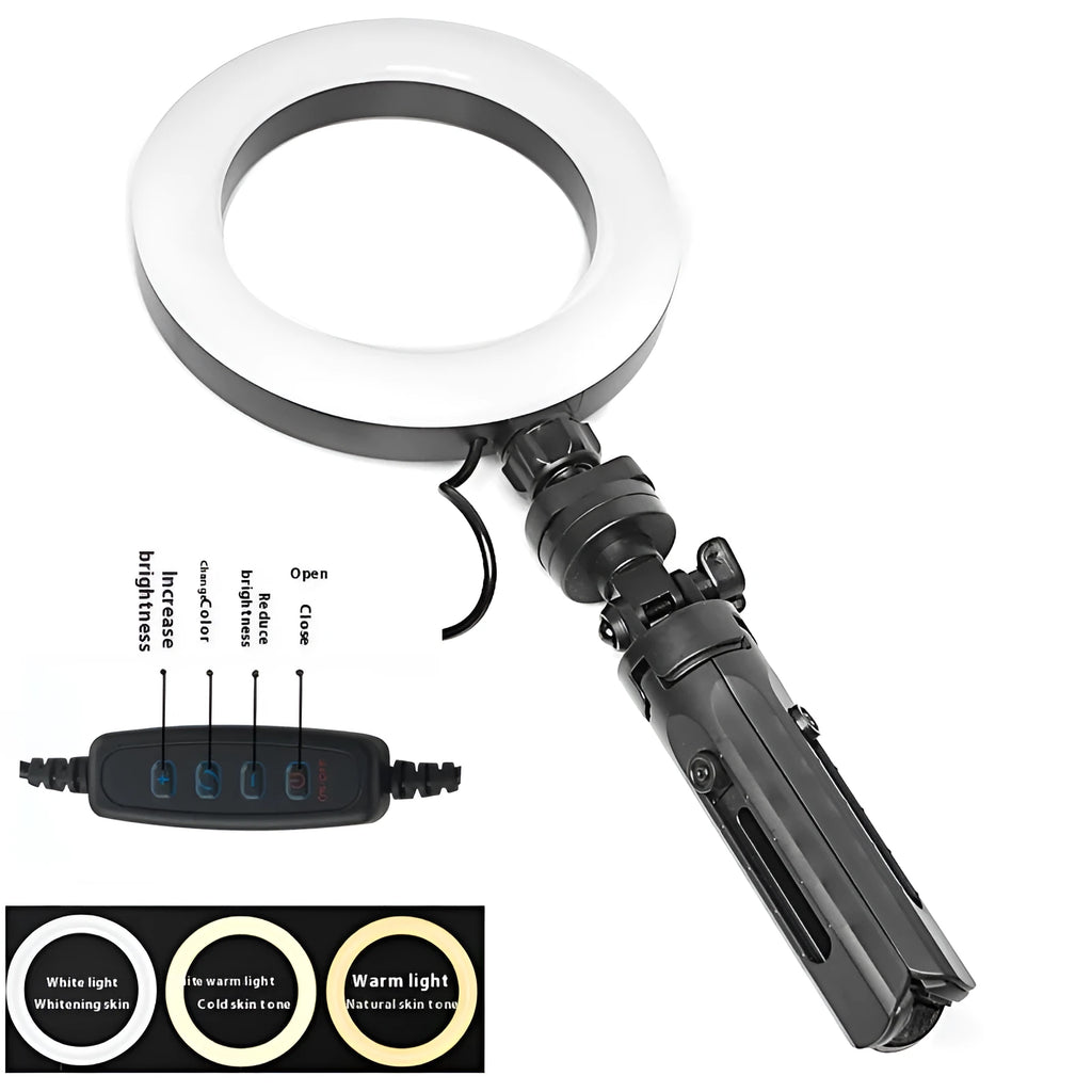 Black mobile phone video bracket with adjustable fill light mounted on a desktop tripod.