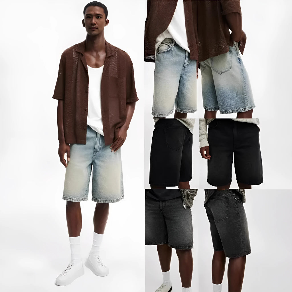 Men's loose straight-leg jeans in light blue denim on hanger