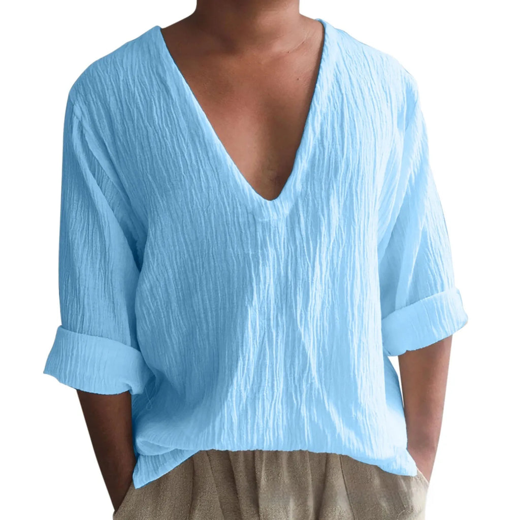 Men's washed cotton long sleeve V-neck t-shirt in a solid colour.