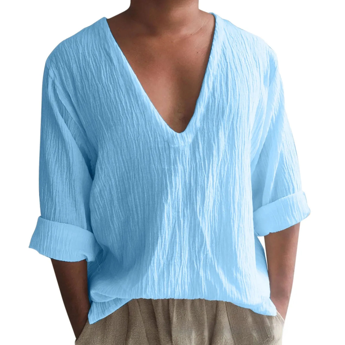 Men's washed cotton long sleeve V-neck t-shirt in a solid colour.