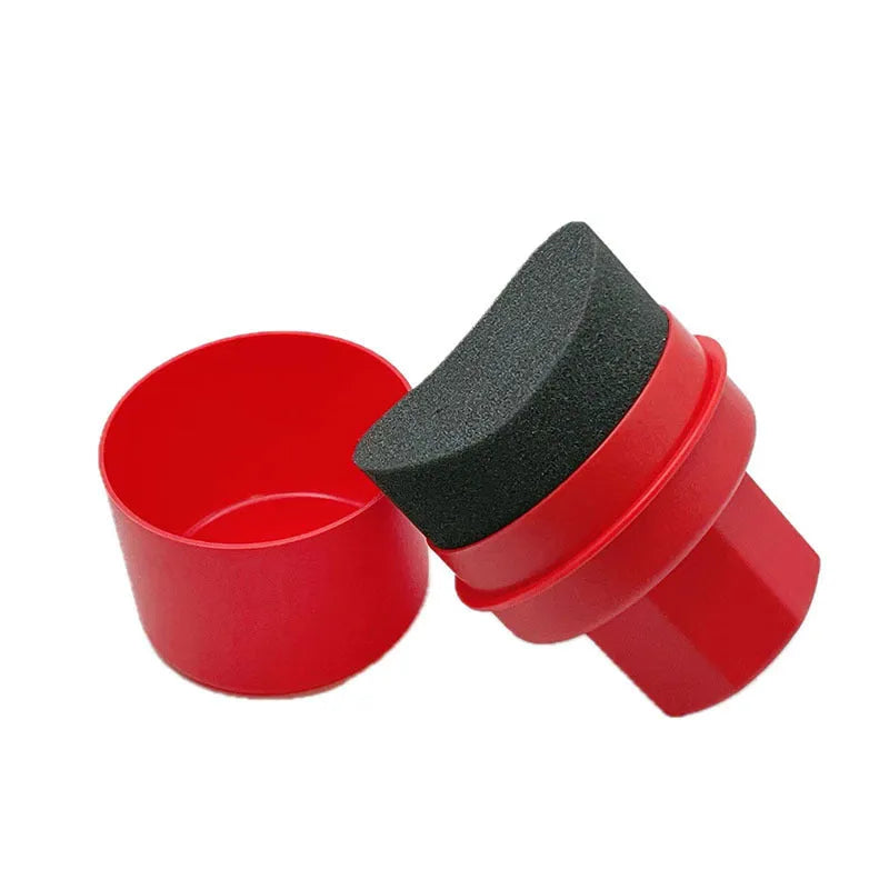 Car tyre polishing sponge brush with lid showing 85x120mm dimensions and four colour-hardness sponge options