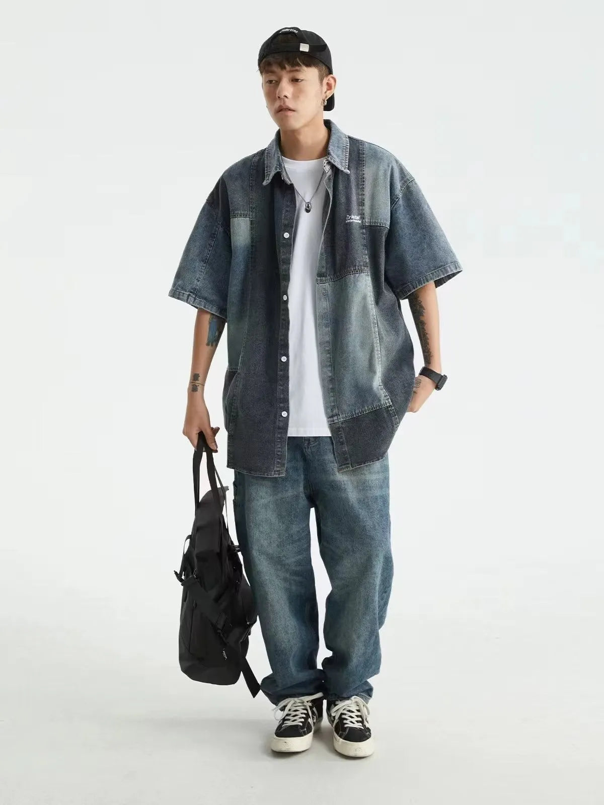Blue Japanese-style retro washed denim shirt with loose cardigan fit and stitching detail