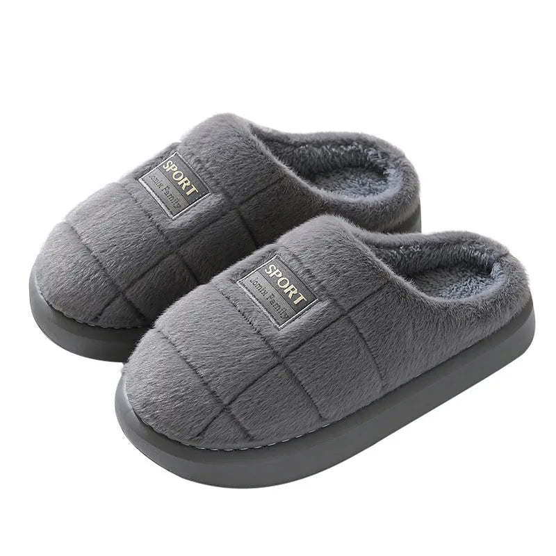 Men's plaid pattern winter slippers with brown cotton upper and EVA non-slip sole