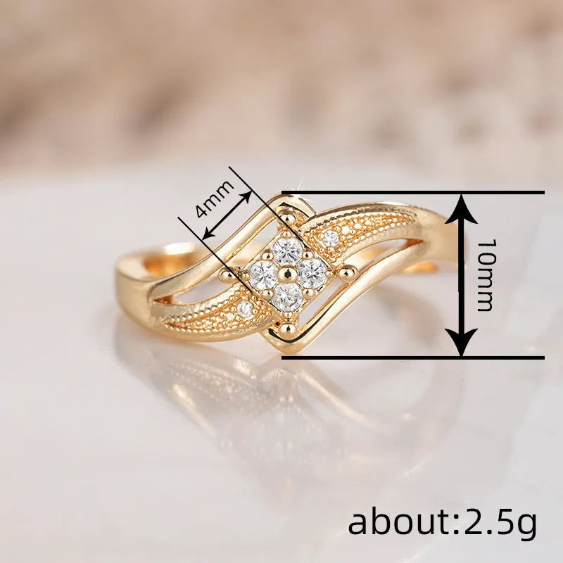 Women's diamond-shaped copper ring with micro inlaid zircon stones in yellow gold colour