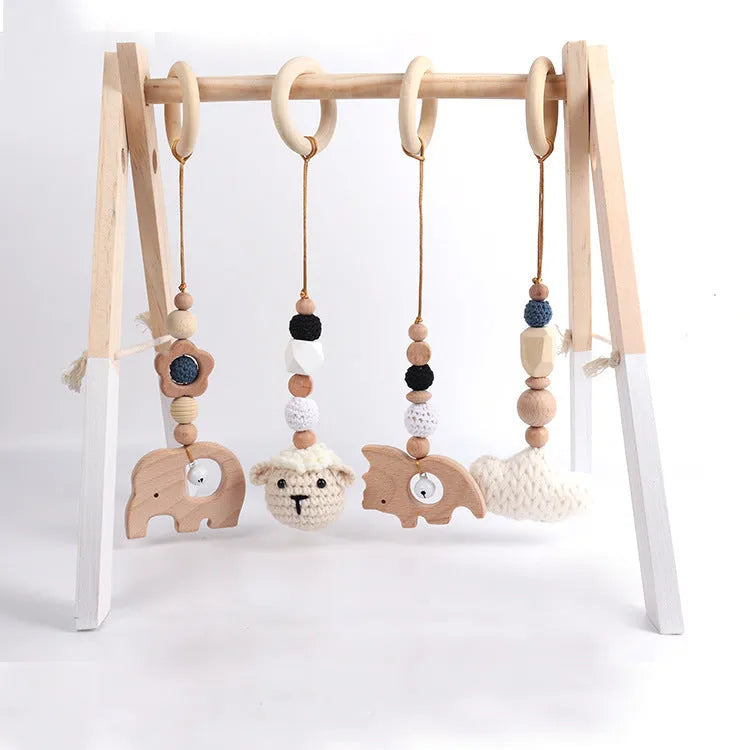 Beech wood animal baby rattle pendant four-piece set, 28cm, with 5.8cm wood circle and cotton thread