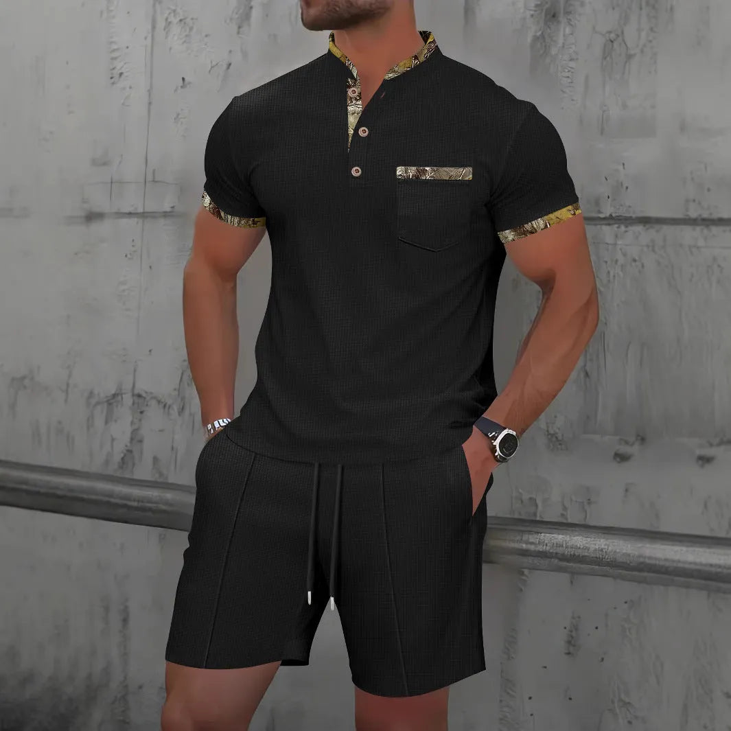 Men's grey waffle-texture zip polo collar short sleeve top and matching shorts on a hanger