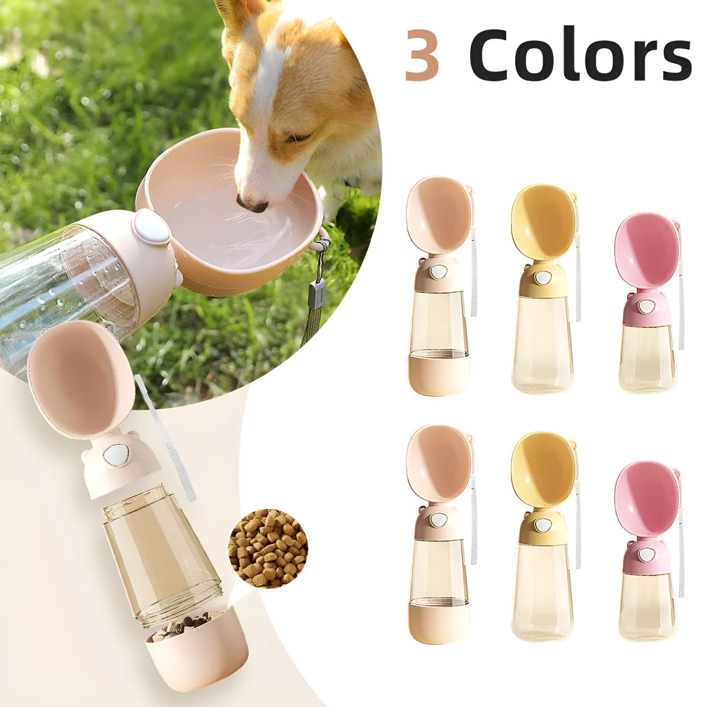 Portable dog water bottle with removable food container in yellow colour
